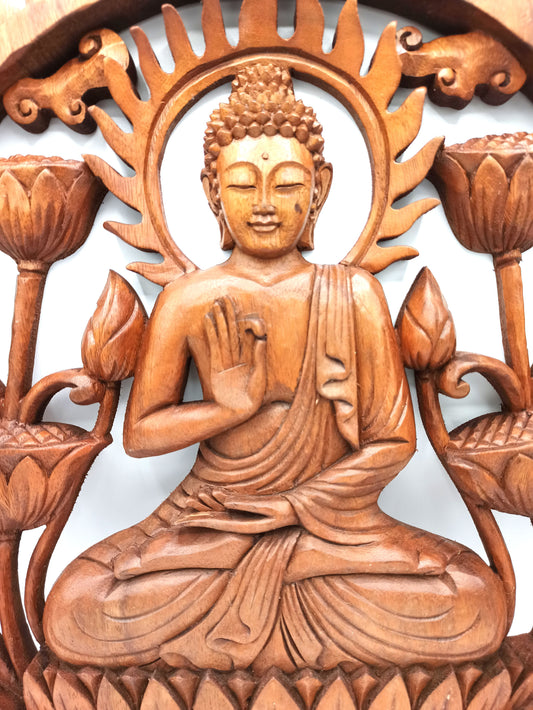 Wooden Buddha & Lotus Panel