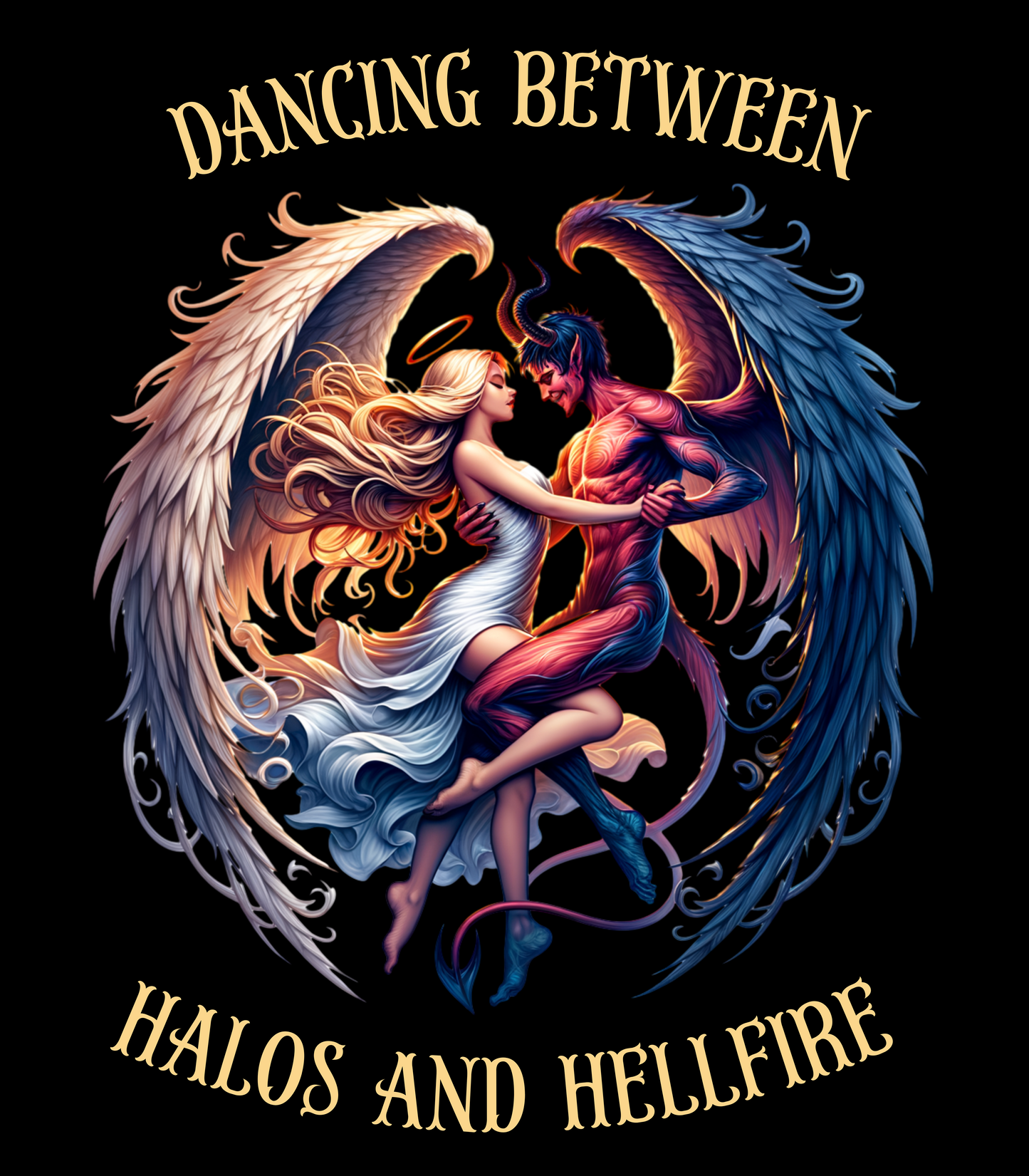 Dancing Between Halos and Hellfire — Fitted Cotton T-Shirt