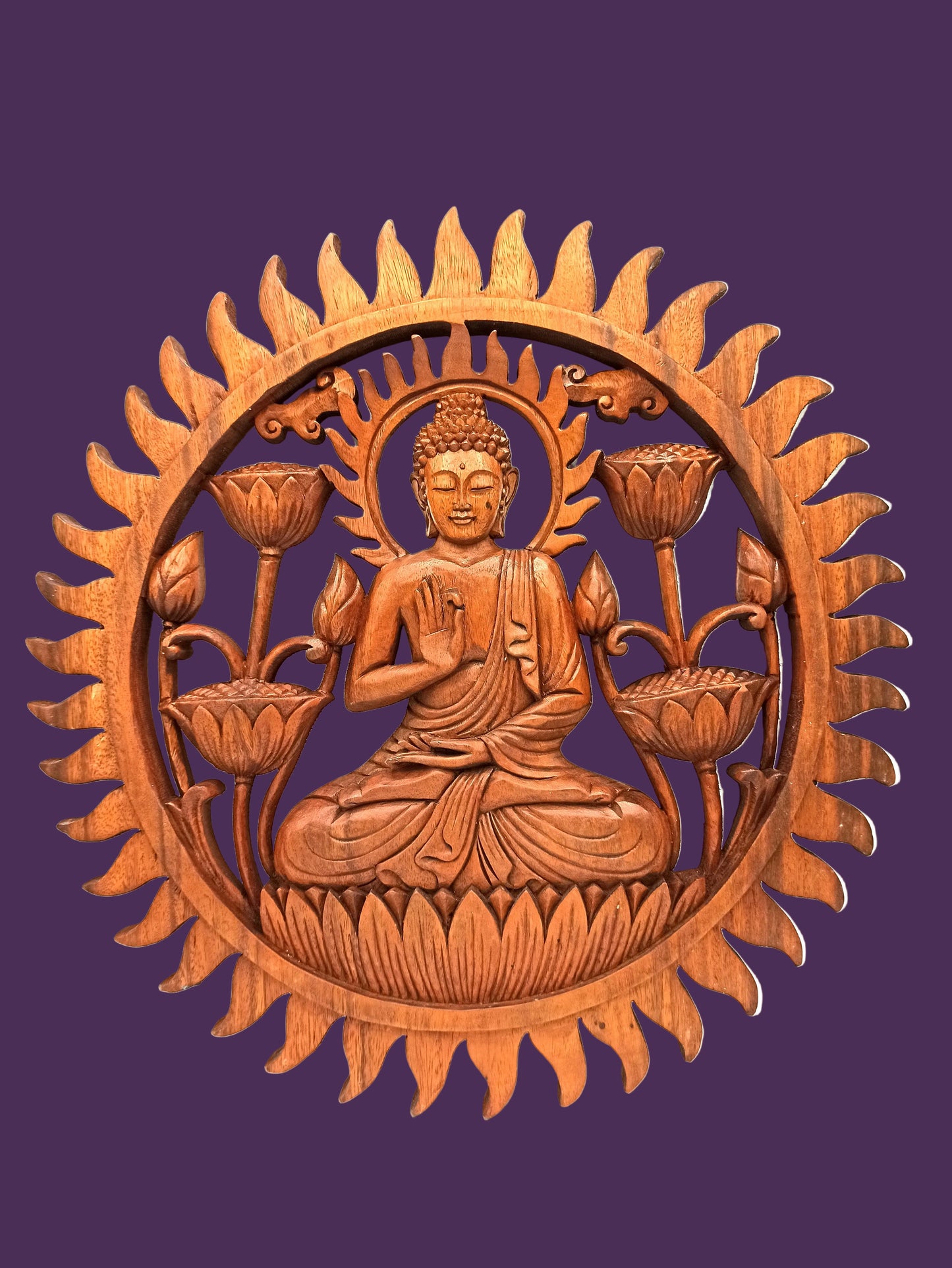 Wooden Buddha & Lotus Panel
