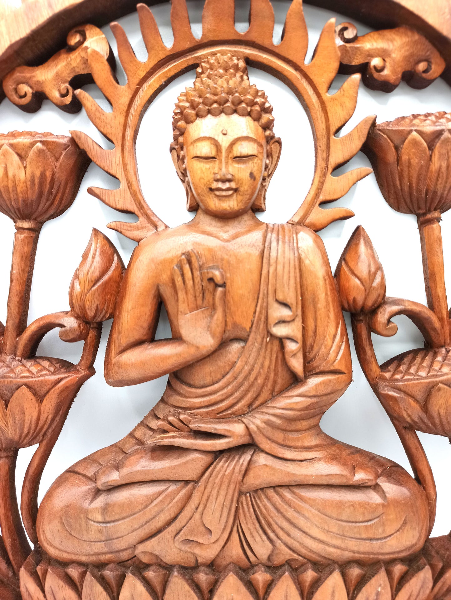 Wooden Buddha & Lotus Panel