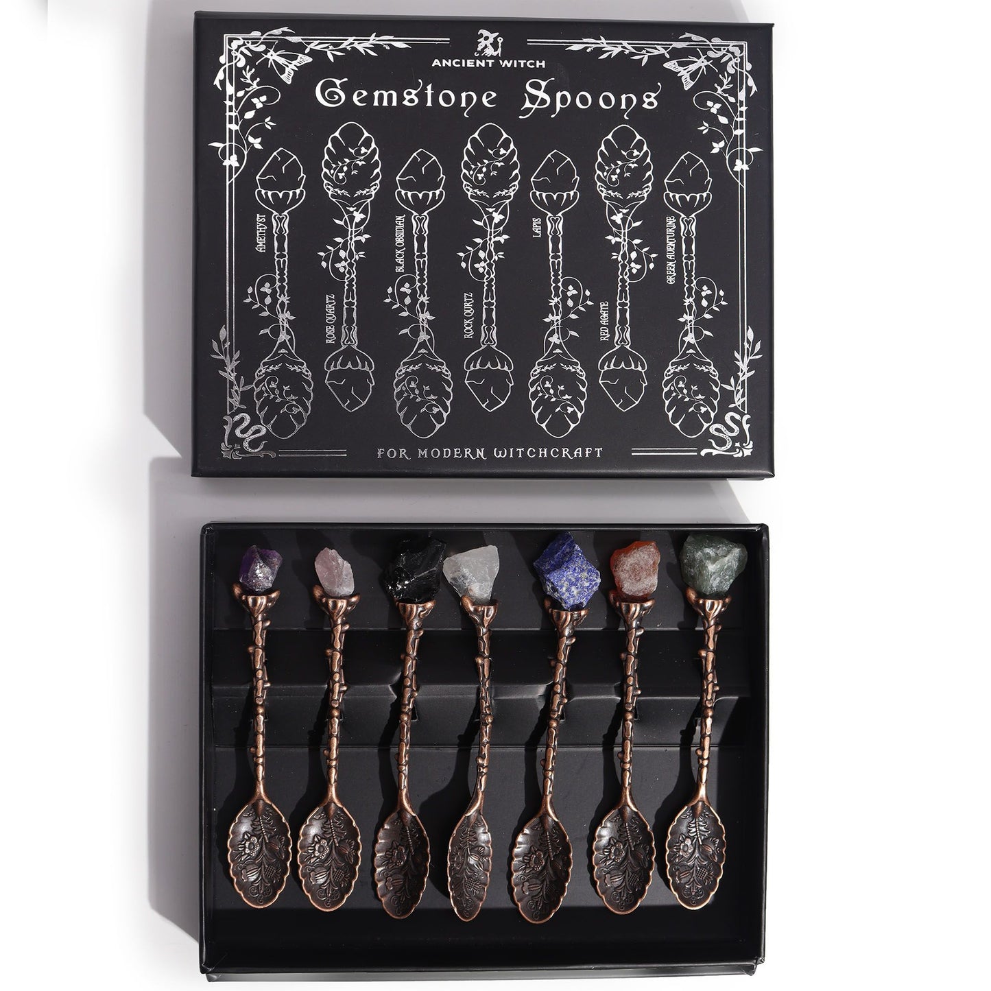 Set of 7 Bronze Gemstone Crystal Witch Spoons