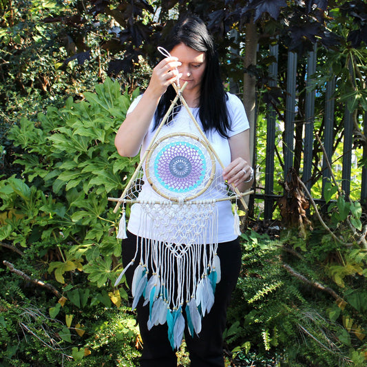 Protection Dream Catcher – Large Macramé Pyramid (White/Turquoise)