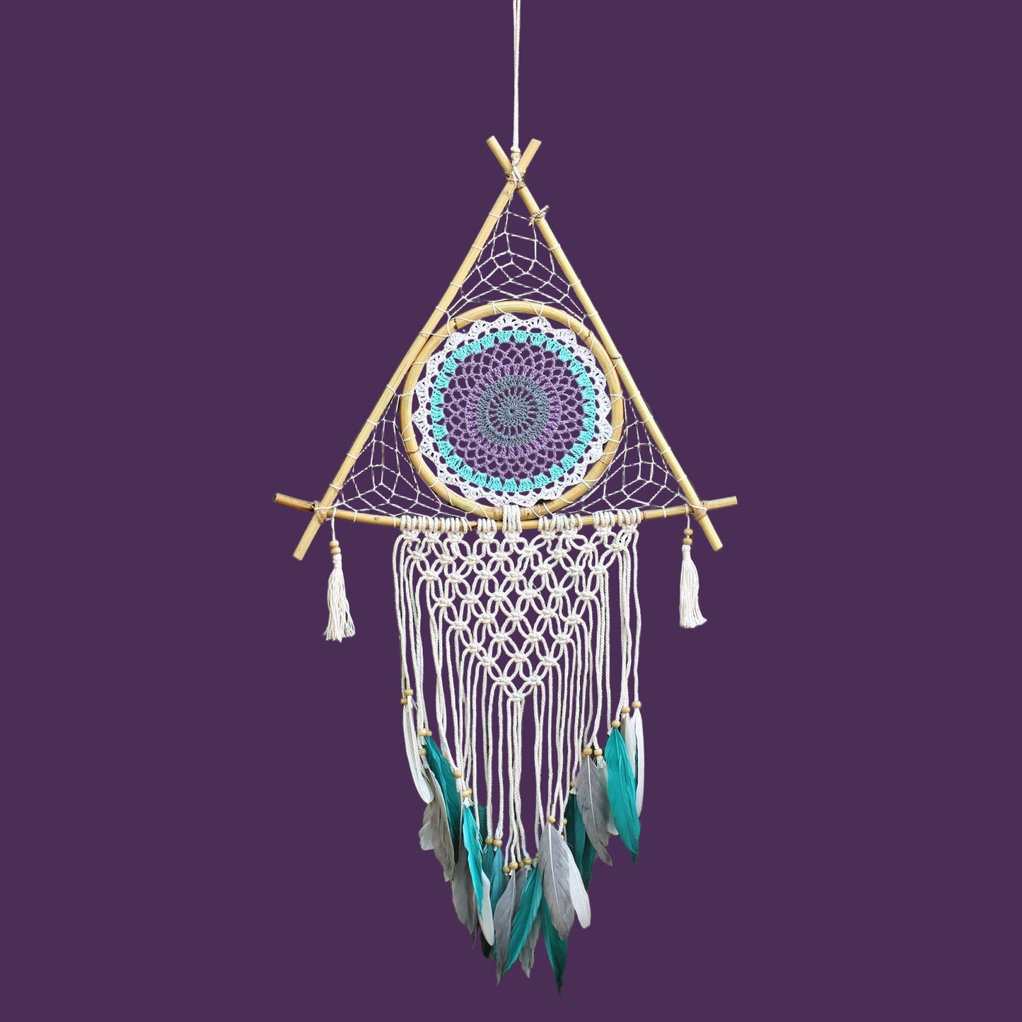 Protection Dream Catcher – Large Macramé Pyramid (White/Turquoise)