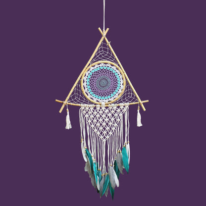 Protection Dream Catcher – Large Macramé Pyramid (White/Turquoise)