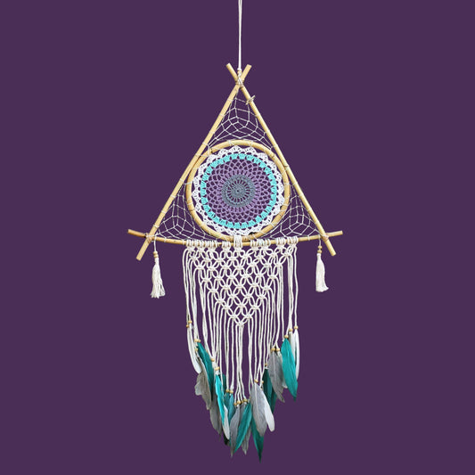 Protection Dream Catcher – Large Macramé Pyramid (White/Turquoise)