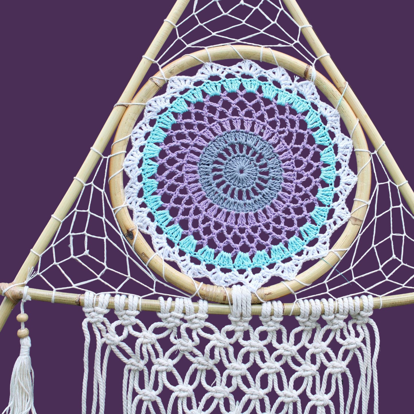 Protection Dream Catcher – Large Macramé Pyramid (White/Turquoise)