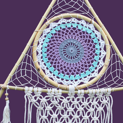 Protection Dream Catcher – Large Macramé Pyramid (White/Turquoise)