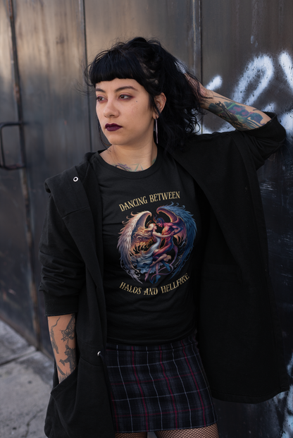 Dancing Between Halos and Hellfire — Fitted Cotton T-Shirt